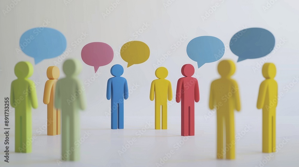 Speech bubbles and cartoon team figures on a white background, representing communication and collaboration. Creative scene Speech bubbles and cartoon team figures on a white background, representing communication and collaboration. Creative scene