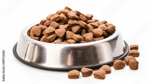 a pet bowl containing pet food kibbles on a studio background photo