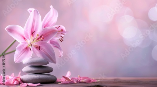 Pink Lilies and Stacked Stones on a Wooden Table