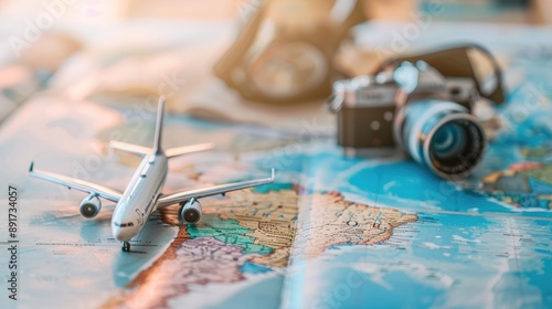 A small model airplane is on a map next to a camera and a pair of sunglasses