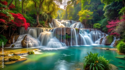 Beautiful natural waterfall , nature, trees, flowers in the foreground in tropical forest . High quality photo © Photo zone