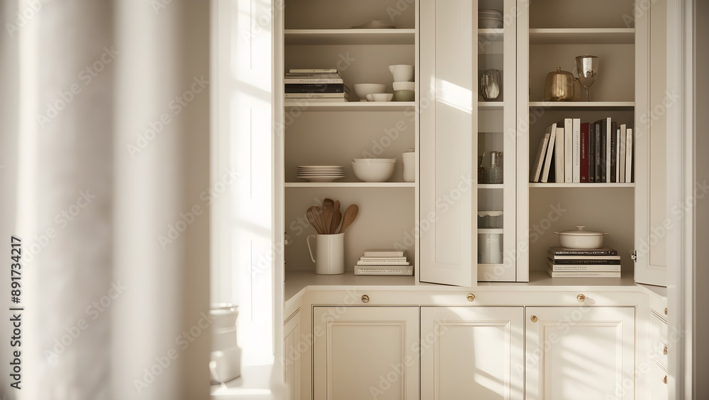 A meticulously organized cabinet at home, captured through a shallow depth of field in a warm and inviting photography style, generative ai A meticulously organized cabinet at home, captured through a shallow depth of field in a warm and inviting photography style, generative ai