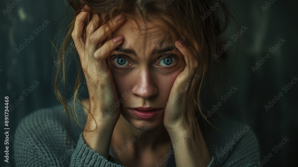 A woman with wide, worried eyes holds her face in her hands, demonstrating fear and anxiety A woman with wide, worried eyes holds her face in her hands, demonstrating fear and anxiety