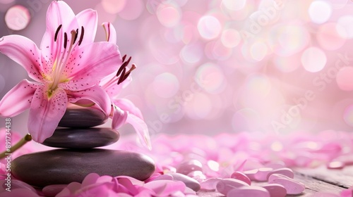 Pink Lily and Stones for Spa Relaxation