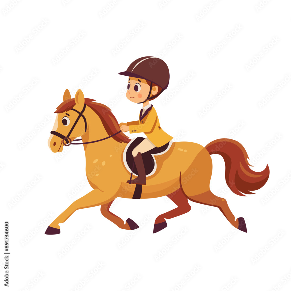 Cartoon illustration of a child riding a horse wearing equestrian gear ...