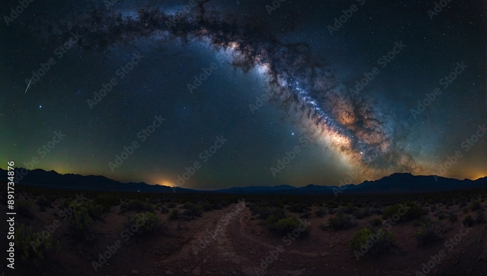 Panoramic photo capturing the breathtaking Milky Way, stars, and galaxies against a dark, starry backdrop Panoramic photo capturing the breathtaking Milky Way, stars, and galaxies against a dark, starry backdrop