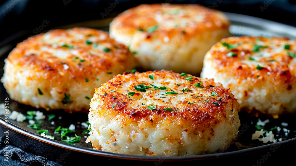 Homemade cheese cutlets with parsley on a black plate. Homemade cheese cutlets with parsley on a black plate.