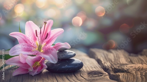 Pink Lily and Stones on Wooden Plank