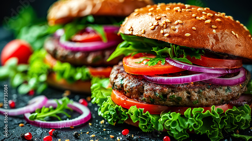 Wallpaper Mural Homemade hamburgers with fresh vegetables on a dark background. Torontodigital.ca