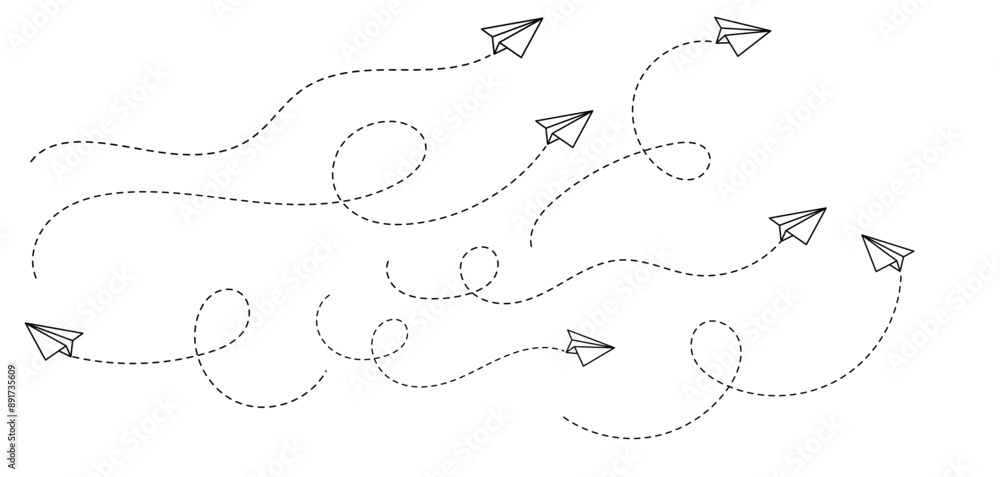 Handmade paper plane with trace dashed line. Travel, journey or vacation concept. Message or letter symbol. Delivery or destination sign .eps10 Handmade paper plane with trace dashed line. Travel, journey or vacation concept. Message or letter symbol. Delivery or destination sign .eps10