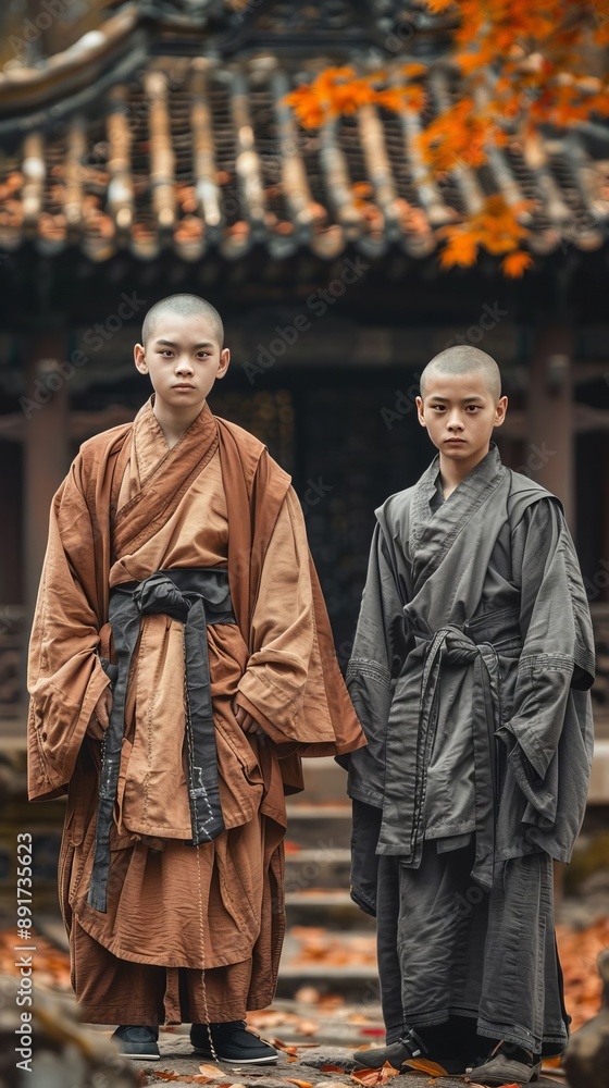 Group Of Young Buddhist Novices In Training, Stand In Disciplined Formation At Ancient Temple Group Of Young Buddhist Novices In Training, Stand In Disciplined Formation At Ancient Temple