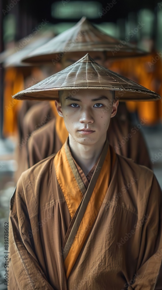 Group Of Young Buddhist Novices In Training, Stand In Disciplined Formation At Ancient Temple Group Of Young Buddhist Novices In Training, Stand In Disciplined Formation At Ancient Temple