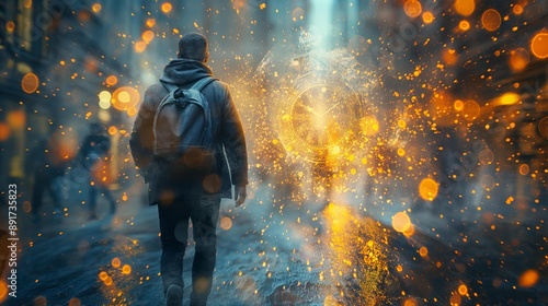 Man walking through a city street with a glowing sphere in the distance