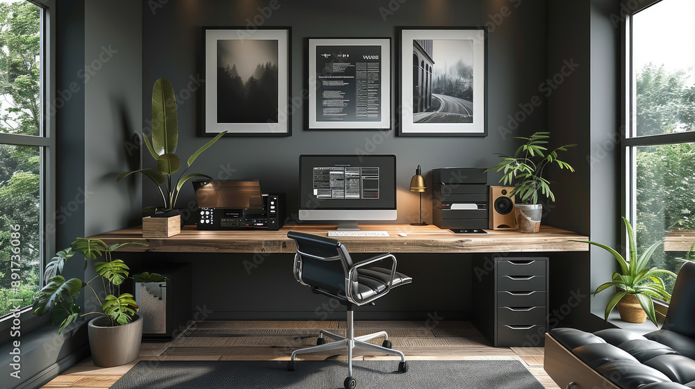 An interior design for a home office with a minimalistic modern desk, two empty frames with no posters in it on the wall, a wood grain table top, high end computer equipment on it. Generative AI. An interior design for a home office with a minimalistic modern desk, two empty frames with no posters in it on the wall, a wood grain table top, high end computer equipment on it. Generative AI.