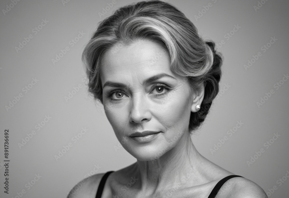 A black and white portrait highlighting the classic elegance of mature beauty. A black and white portrait highlighting the classic elegance of mature beauty.