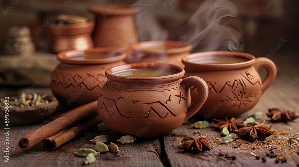 A beautifully arranged set of clay cups filled with steaming masala chai, with cinnamon sticks, cardamom pods, and star anise scattered around on a rustic wooden table