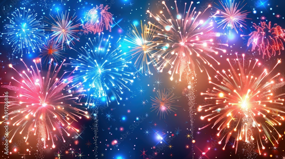 Fototapeta premium A colorful fireworks display lights up the night sky with vibrant bursts of red, blue, and yellow