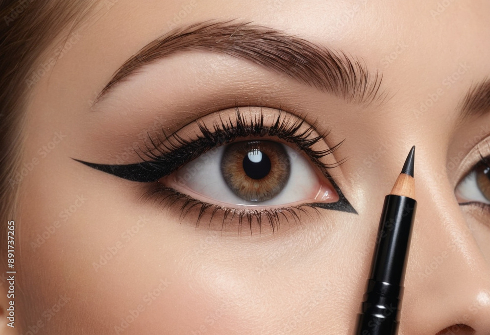Naklejka premium Using an angled brush to apply eyeliner for a precise line. 