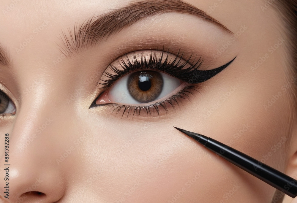 Naklejka premium Using an angled brush to apply eyeliner for a precise line. 