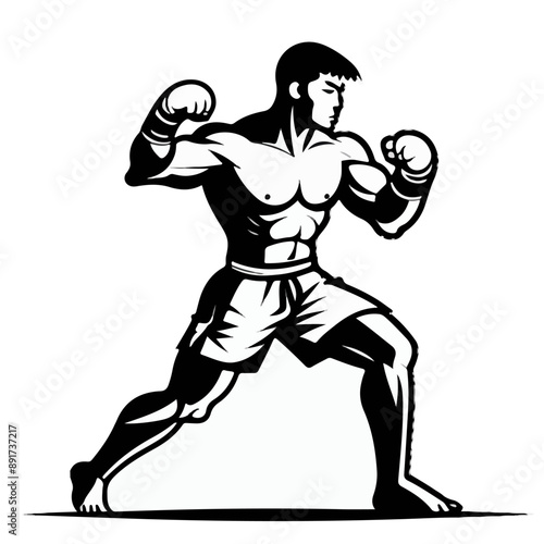 Series - Illustration of a Boxer on neutral background | Fight Sport, Martial Arts | Different positions and moves | Monochrome | Kick Boxer, Kickboxing