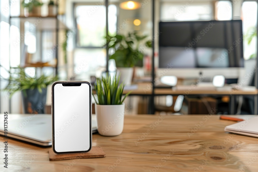 Cropped shot view of wood office desk table with smart phone with white blank screen in modern place Cropped shot view of wood office desk table with smart phone with white blank screen in modern place