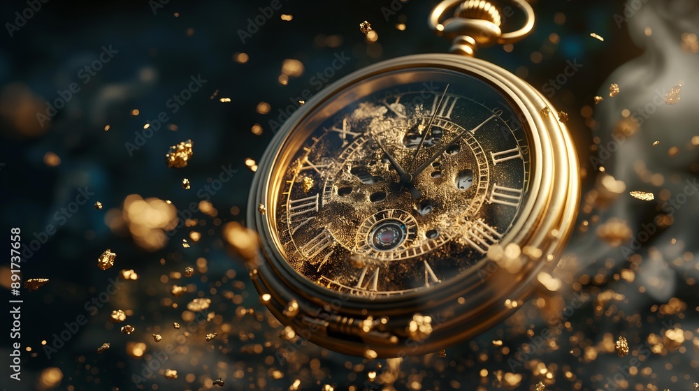 Intricate Golden Pocket Watch with Shiny Gears on Black Background Intricate Golden Pocket Watch with Shiny Gears on Black Background