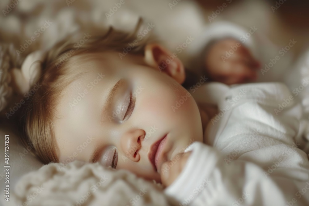 Cute little baby sleeping in bed at home, close-up portrait Cute little baby sleeping in bed at home, close-up portrait