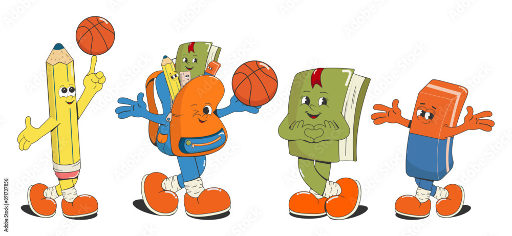 Fototapeta premium A set of school cartoon groovy characters: a school backpack, a pencil, a textbook, an eraser, a basketball. Educational concept, back to school. Isolated on a white background.Vector illustration.
