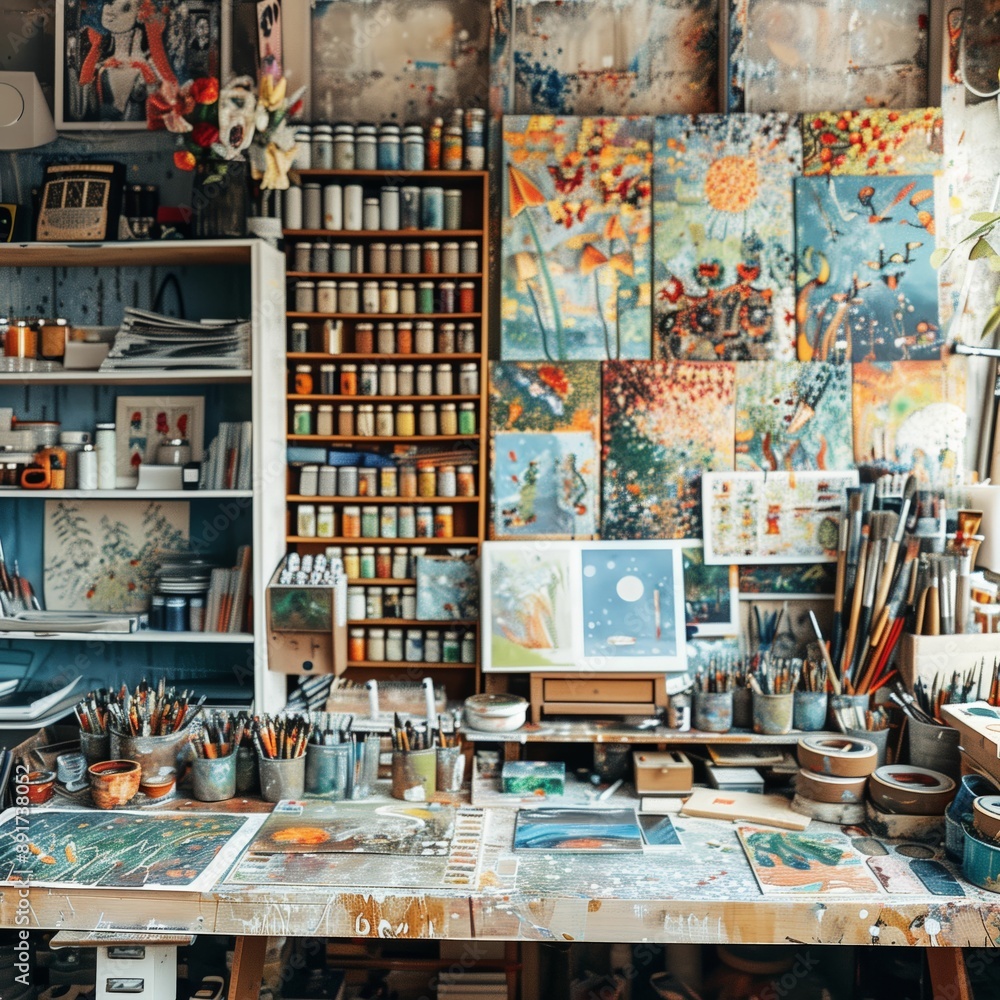 Art studio filled with colorful paintings, tubes of paint, brushes, and a variety of tools for creative projects. Art studio filled with colorful paintings, tubes of paint, brushes, and a variety of tools for creative projects.