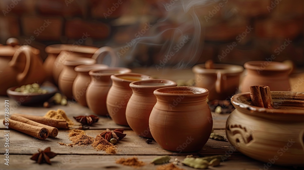A beautifully arranged set of clay cups filled with steaming masala chai, with cinnamon sticks, cardamom pods, and star anise scattered around on a rustic wooden table A beautifully arranged set of clay cups filled with steaming masala chai, with cinnamon sticks, cardamom pods, and star anise scattered around on a rustic wooden table