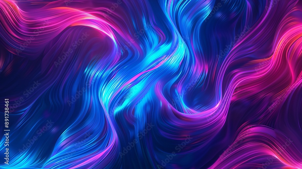 A bright blue neon illuminated background featuring tangled, twisted, modern abstract vertical lines with colorful looping patterns. A bright blue neon illuminated background featuring tangled, twisted, modern abstract vertical lines with colorful looping patterns.