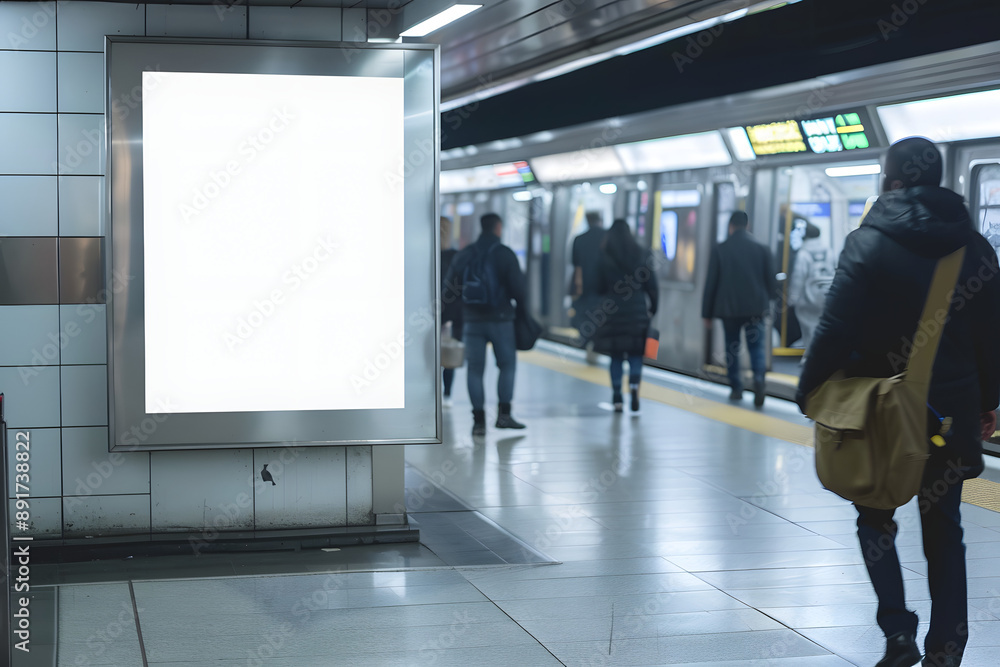 Blank Poster Mockup in Metro Station with Commuters Blank Poster Mockup in Metro Station with Commuters
