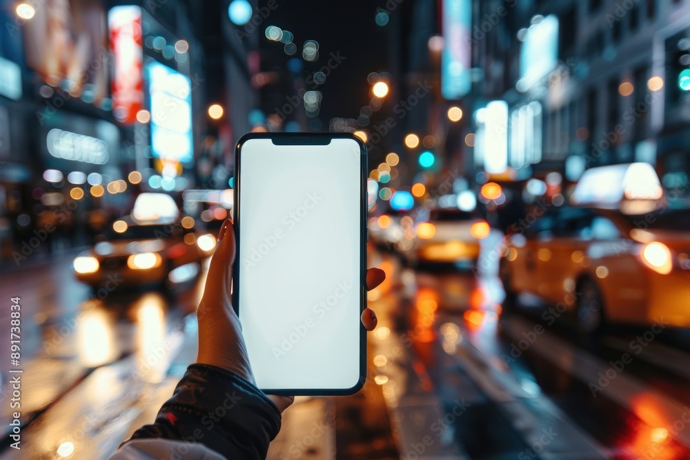 Female hand holding a mobile smartphone with a white screen on blurred bokeh lights city street with taxi car Female hand holding a mobile smartphone with a white screen on blurred bokeh lights city street with taxi car