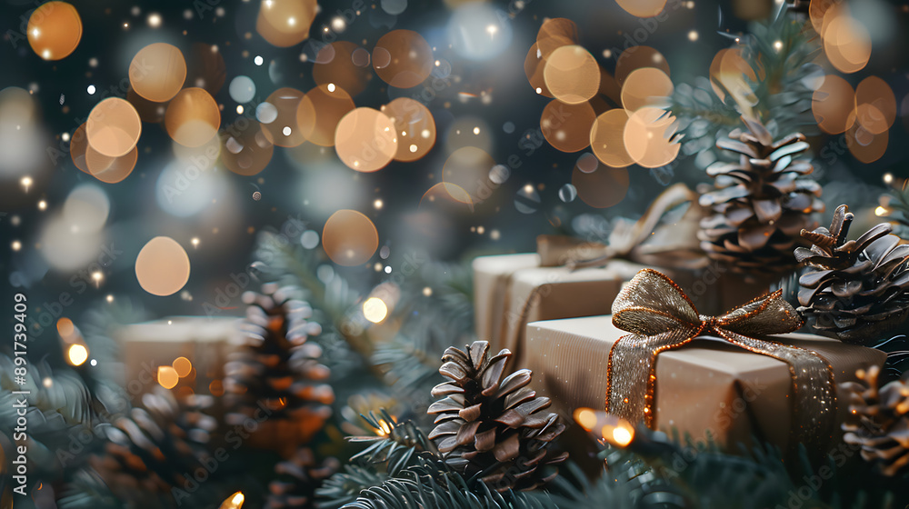 Christmas and New Year Background with Gift Boxes and Pine Cones Christmas and New Year Background with Gift Boxes and Pine Cones