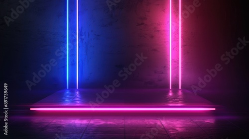 A glowing pink neon light illuminates a concrete platform in a dark room. Two blue neon lights are visible in the background