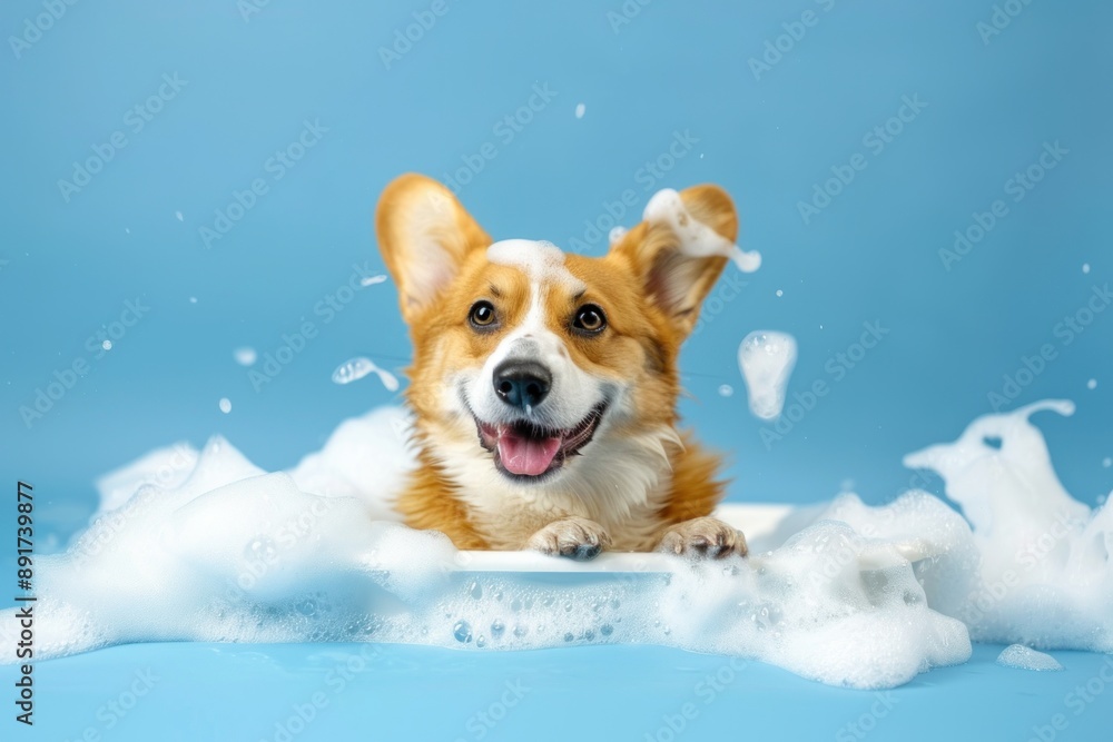 Funny joyful Corgi dog in bathtub, soap foam flying all around Isolated on blue background Funny joyful Corgi dog in bathtub, soap foam flying all around Isolated on blue background