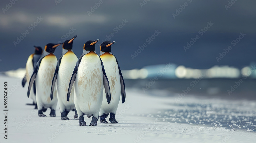 Obraz premium Emperor Penguins Marching on Snowy Beach