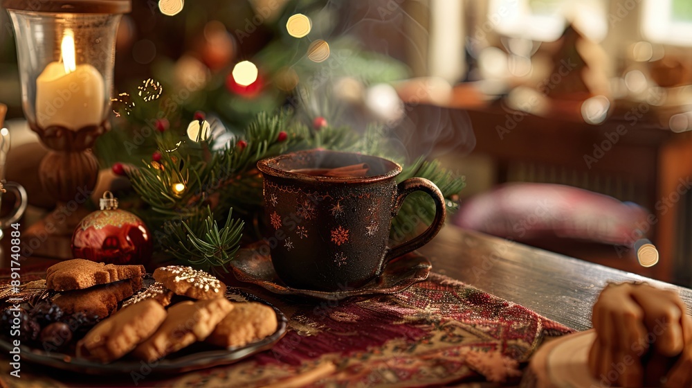 A cozy scene with a steaming mug of traditional Finnish garnished with almonds and raisins, with a side of gingerbread cookies on a festive tablecloth A cozy scene with a steaming mug of traditional Finnish garnished with almonds and raisins, with a side of gingerbread cookies on a festive tablecloth