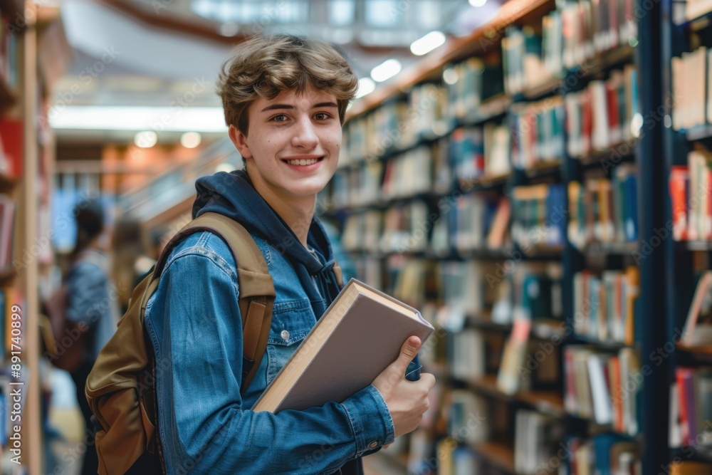 Happy pretty focused boy student holding book looking at camera standing in modern university campus library Happy pretty focused boy student holding book looking at camera standing in modern university campus library