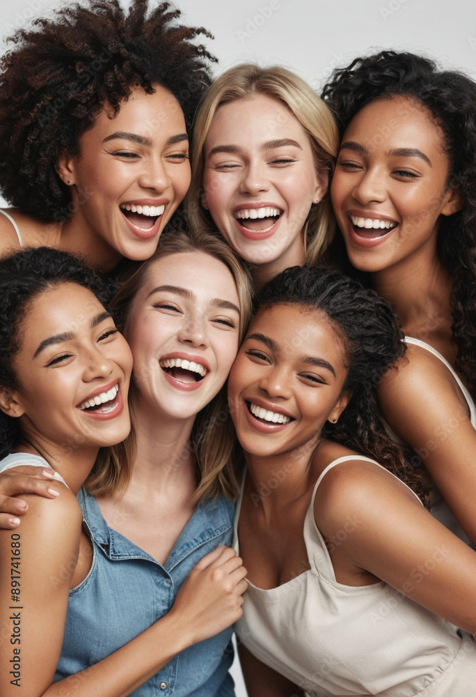 A diverse group of women laughing and embracing, celebrating natural beauty. A diverse group of women laughing and embracing, celebrating natural beauty.