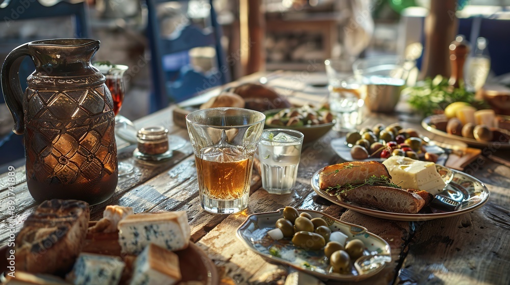 Fototapeta premium A rustic table setup with a pitcher of traditional Greek ouzo, accompanied by glasses of the anise-flavored drink, and small plates of olives, cheese, and bread