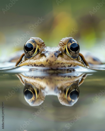 Frog Reflecting in Still Water with Focused Eyes photo