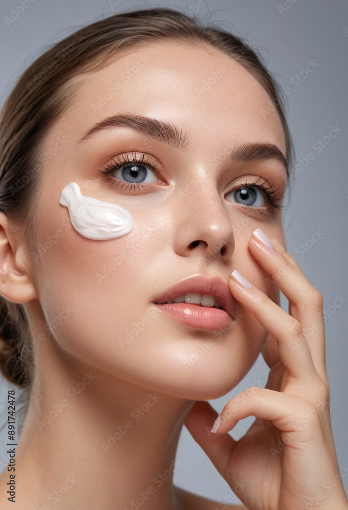 Dabbing a light moisturizer onto the face, highlighting daily care. Dabbing a light moisturizer onto the face, highlighting daily care.