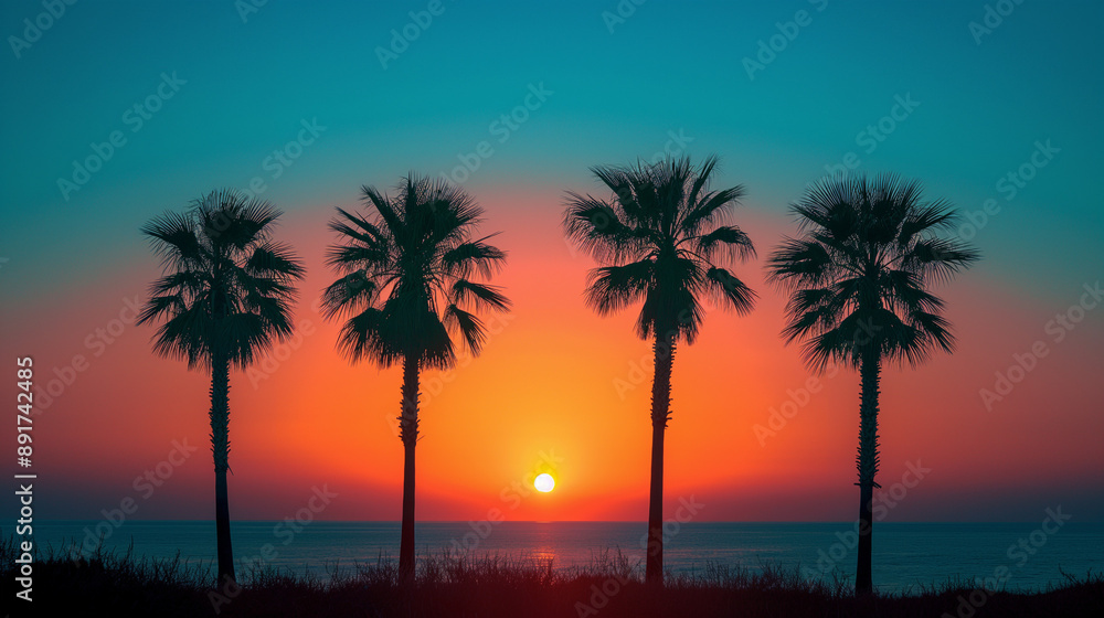 A serene sunset scene with four tall palm trees standing in a row against a gradient sky transitioning from a deep blue at the top to a warm orange hue at the bottom A serene sunset scene with four tall palm trees standing in a row against a gradient sky transitioning from a deep blue at the top to a warm orange hue at the bottom