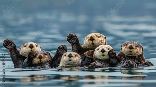 A family of sea otters floating together on their backs in calm ocean waters