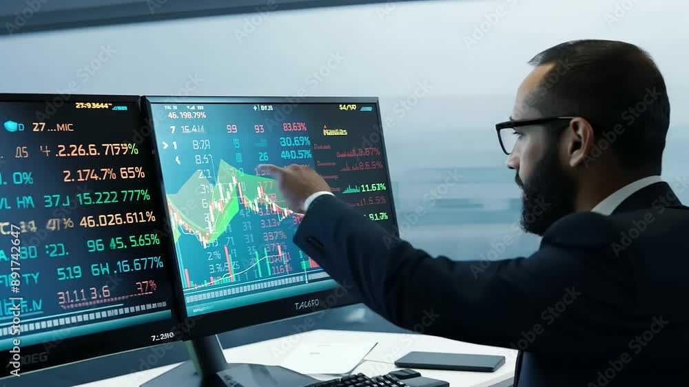 Bearded stock broker analyzing market data on multiple screens in a modern office. Bearded stock broker analyzing market data on multiple screens in a modern office.