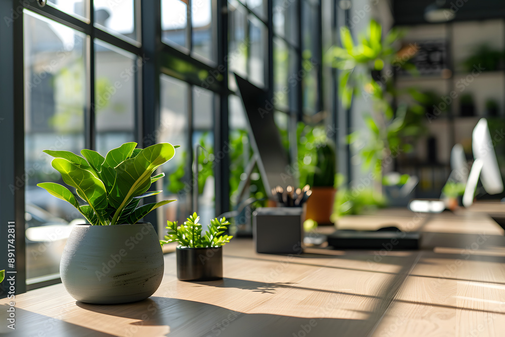 Modern Office Space with Natural Light and Green Elements Modern Office Space with Natural Light and Green Elements