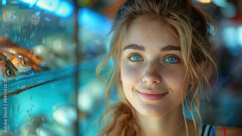Fototapeta premium Shopping for Fresh Catch: Beautiful Young Woman Buying Fishes at the Local Fish Shop