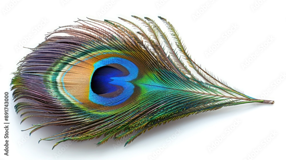 Fototapeta premium Single Peacock Feather on White Background - Vibrant and Colorful Isolated Plume for Design and Decoration