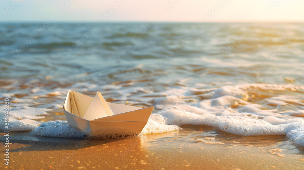 Photorealistic Paper Boat on Sandy Beach at Dawn Photorealistic Paper Boat on Sandy Beach at Dawn
